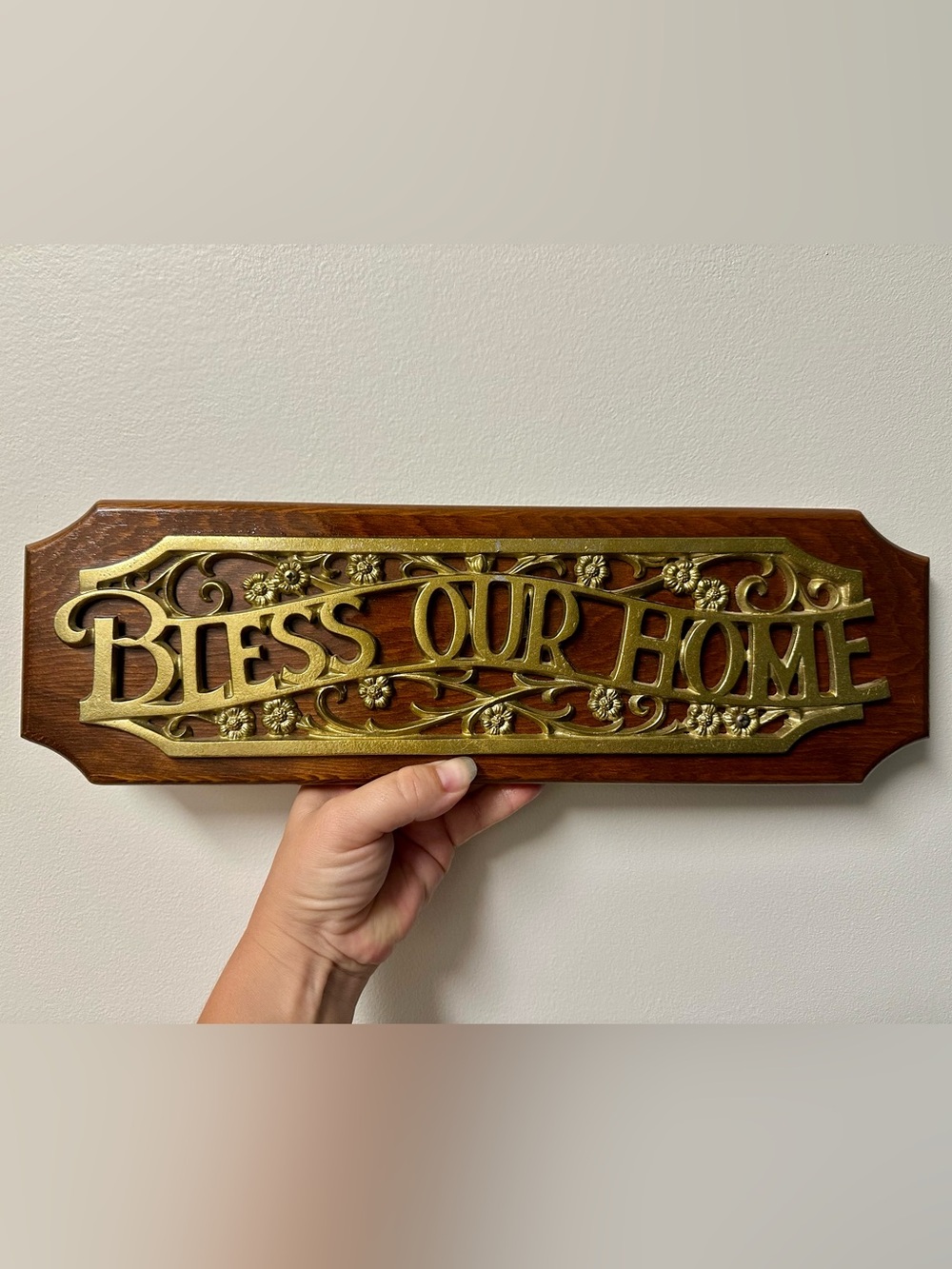Brass Floral "Bless Our Home" Wall Plaque on Wood